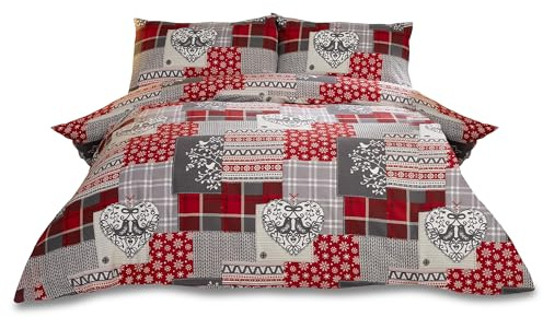 Coeur de Noël Patchwork en Flanelle 100% Coton brossé Parure de lit avec Housse de Couette et 2 taie d'oreiller Parure de lit, Rouge/Multicolore, Super King Size