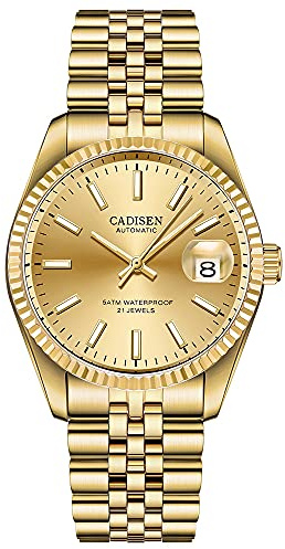 CADISEN Herren Automatik Automatikuhr Elegant Lässig Mechanisch Herrenuhr Mit Saphirglas Und Kalender Edelstahlarmband wasserdicht Uhr (Gold)…