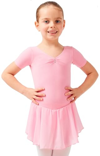 tanzmuster ® Ballettkleid Mädchen Kurzarm - Betty - aus Baumwolle mit Glitzersteinen und Chiffon Röckchen in rosa, Größe:152/158