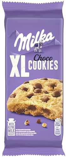 Milka, Cookies XL Choco, Biscotto Maxi Croccante con Golose Pepite di Cioccolato al Latte Milka, con Latte Alpino, Cacao Sostenibile, 184g (8 biscotti da 23g)