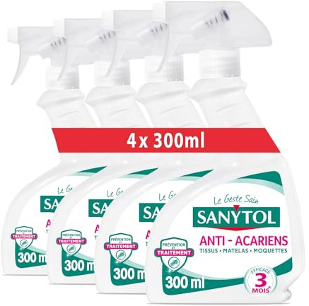 Sanytol - Désinfectant Anti-Acariens, Punaises de Lit et Puces - 300 ml - Lot de 4 - Pour Tissus, Matelas, Moquettes - Efficace 4 Mois, Sans Odeur Résiduelle, ne Tache Pas