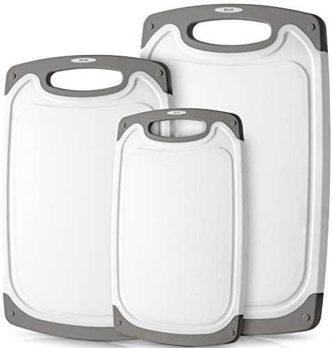 Zulay Kitchen Lot de 3 planches à découper pour cuisine - Passe au lave-vaisselle - En plastique sans BPA - Planche à découper antidérapante avec rainure pour jus et poignée intégrée