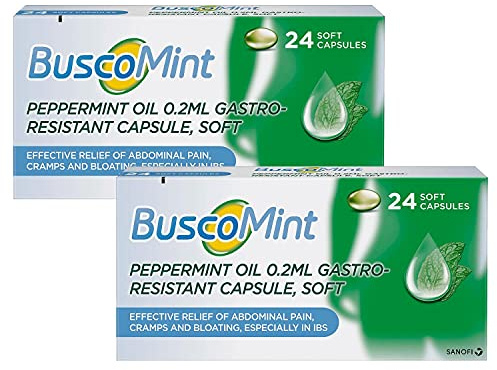 2 Pack of Buscomint Peppermint Oil 0.2ml Gastro Resistant Treatment, 24 Soft Capsules, Treats Painful Spasms, Bloating, and Trapped Wind and Abdominal Pain