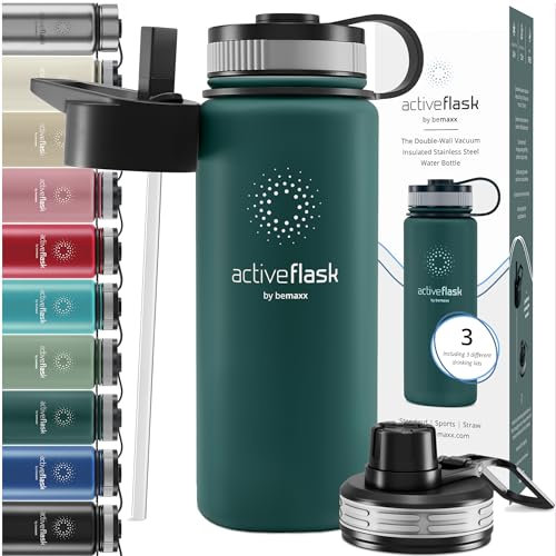 Botella de Agua Térmica ACTIVE FLASK + Pajita (3 Tapones) sin BPA - 1l & 500ml | Frasco Termo de Acero Inoxidable + Aislamiento Vacío | Cantimplora Aislada Bicicleta Deporte Caliente Fría Café Té