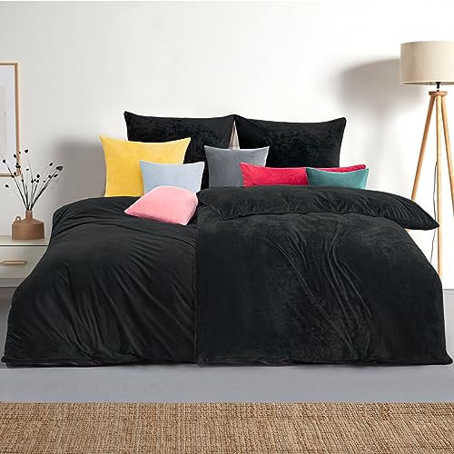 Soifox Juego de Sábanas de Ropa de Cama de Franela de Invierno de 135 x 200 cm, 4 Piezas, Color Negro, Mullida y Cálida con Tacto de Cachemira, Juego de 2 Unidades + Funda de Almohada de 80 x 80 cm