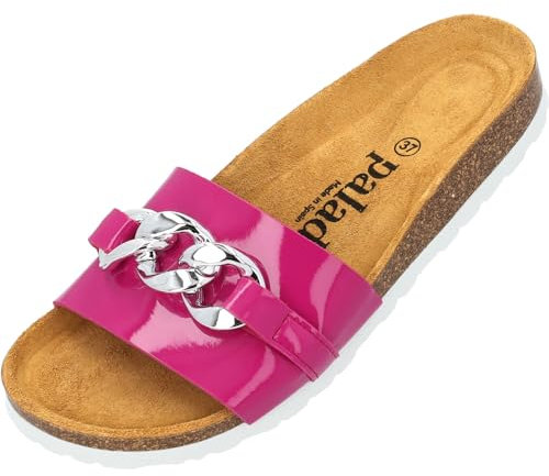 Palado Pantoletten Damen Gozo - bequeme Sandalen Made in Spain - Hausschuhe mit dämpfendem Kork-Fußbett - modische Sommerschuhe Pink Lack UK5,5 - EU38