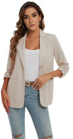 LADI TREND Blazer da donna a 3/4 con maniche increspate in cotone e lino, leggero, estivo, giacche eleganti con tasche con bottoni, Wh_beige, M