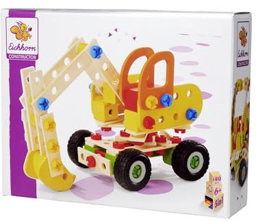 Eichhorn - Constructor Bagger, 5 Verschiedene Modelvarianten baubar, Konstruktionsspielzeug mit 180 Teilen, vielseitiges Holzspielzeug, aus 100% FSC zertifiziertem Buchenholz, ab 6 Jahren
