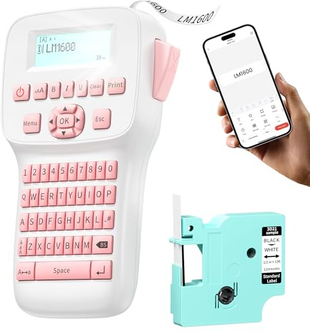 EazeID Pink Label Maker Machine Rechargeable, Handheld Label Printer with Keyboard, Bluetooth Labeling Machine LM1600, Backlit Display, Multiple Symbol Icon Style Templates for Home Office Use