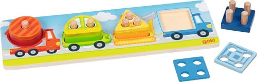 goki 58348 – formsorteringsspel, fordon av trä, pedagogiskt spel för barn för att främja motorik, lekfull form och färger, inlärning, stapla och tilldelning, 30 cm x 10 cm, set om 13, från 1 år