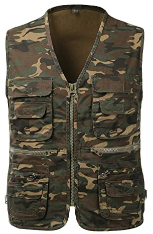 KTWOLEN Gilet da Pesca di cotone da Uomo All'aperto con 10 Tasche Veste Leggero Traspirante Multitasche Panciotto per Caccia Pesca Tempo Libero Fotografi, Mimetico, 5XL