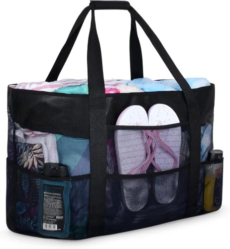 oscaurt Mesh Strandtasche XXL Familie mit Reißverschluss Badetasche Damen Shopper Tasche Faltbar Schwimmtasche Strandbeutel für Sommer Strandurlaub Einkaufen