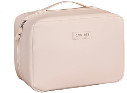 Large Capacity Travel Makeup Bag - Waterproof PU Leather Cosmetic Organizer with 6 Compartments, Transparent Zipper Pouch & Open-Flat Design for Toiletries, Skincare, Brushes (CreamyWhite)