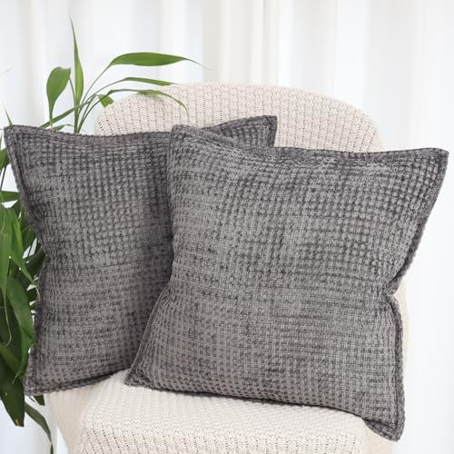 OYIMUA Chenille Kissenbezug 40x40 Grau - Modernes Luxus Kissenbezüge Deko Quadratisch Sofakissen 2er Set Weiche Dekokissen Mit Rand for Wohnzimmer Couch