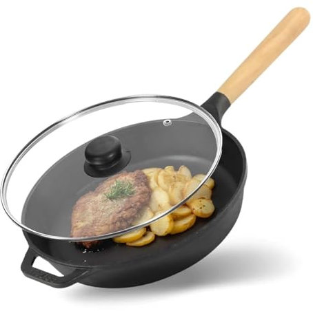 BRIZOLL Cast Iron Pan Diameter 28 cm with Glass Lid - Frying Pan, Steak Pan, Serving Pan, Iron Pan, Cast Iron Pan Handle Unscrewable - All Types of Cookers: Induction, Gas, Electric, Oven, Grill