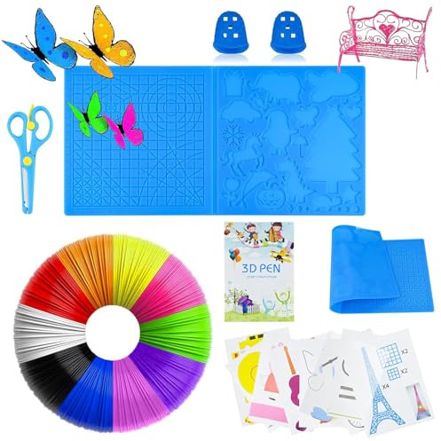 3D Stift Zubehör Set, 3D Druckstift Vorlage, 3D Stift Filament PLA 10 Farbe 1,75mm je 5M, Große Zeichenwerkzeug Silikon Matte Schablone mit 2 Finger Stall & Schere, 3D Druck Stift Zubehör für Kinder
