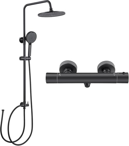 Auralum Schwarz Duscharmatur mit Thermostat, Duschsystem mit runder Regendusche (Ø25cm), Handbrause, Thermostat und Höhenverstellbarer Duschstange, Edelstahl Duscharmatur Komplettset mit Regendusche