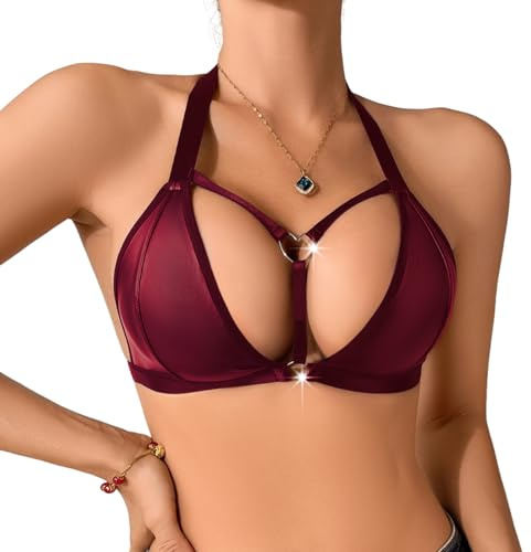 PARUPRUP Femme Sexy Halter Triangle Bralette sans Armature Soutien-Gorge Dos Nu Wetlook Brassiere Métal Anneau Hollow Lingerie Push-up sous-Vêtement Brillant Lisse Bustier Col en V Réglable Babydoll