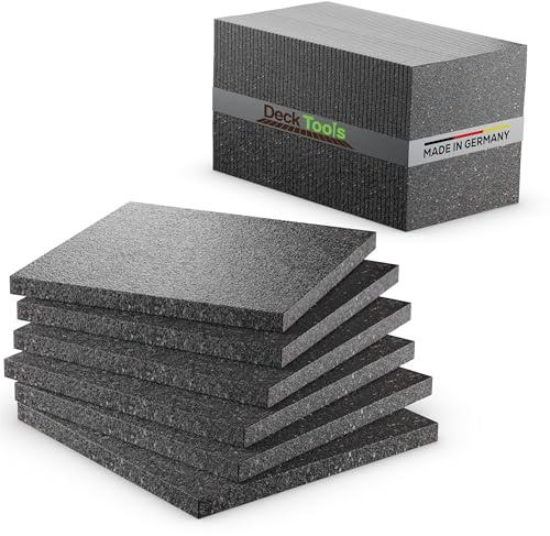 Deck Tools 200 almohadillas para terraza de 90 mm x 90 mm x 10 mm – Base de gránulos de goma para WPC y terrazas de madera – 3/6/8/10/20 mm de grosor, fabricado en Alemania, protección de edificios