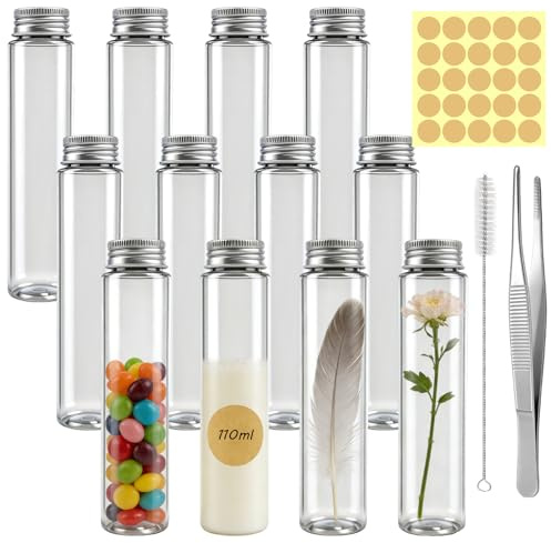 Scettar 12 PCS Tubes à Essai Plastique 110ML, Bouteille Sensorielle Vide avec Bouchons à Visser,Tube a Essai Plastique Transparent, pour Bonbons, Fleurs, Épices et Liquides