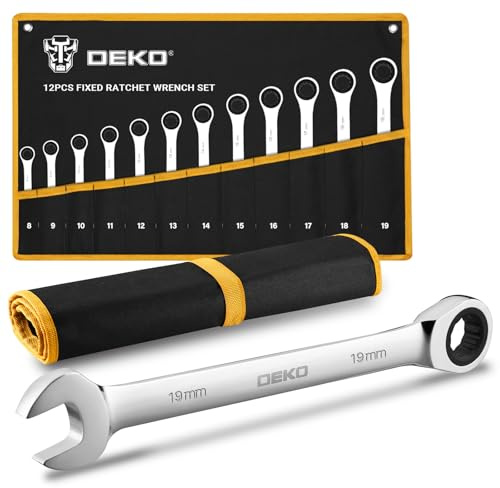 DEKOPRO Set Chiavi a Cricchetto 12 Pezzi, Chiavi Combinate Metriche 8-19mm, Chiavi Inglesi in Acciaio Cromo Vanadio, Chiave Inglese a Cricchetto con Borsa, Attrezzi da Lavoro per Officina e Fai da Te