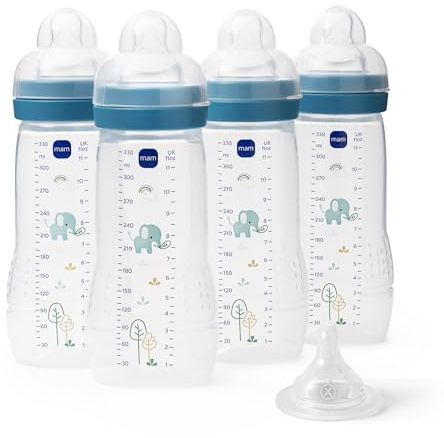 MAM Easy Active Bottles, 4X 330ml, Easy-Grip Ergonomic Shape, Blue | Baby Milk Bottle with MAM Fast Flow Teat Size 3 and Extra Fast Flow Teat Size X, Baby Accessories (Designs Vary)