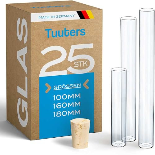 Tuuters 25x Flachboden-Gläser Reagenzglas mit Korken (Hellbraun) Verpackung Gastgeschenke (160 x Ø 20 mm)
