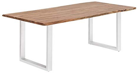 Woodkings® Esstisch Bullwer Holz Akazie, Metallfuß, Tisch mit Baumkante, Baumtisch, Baumkantentisch, Echtholz modern, Design, Massivholz, Küchentisch, Esszimmermöbel, Wohnmöbel (200 x 100 cm, weiß)
