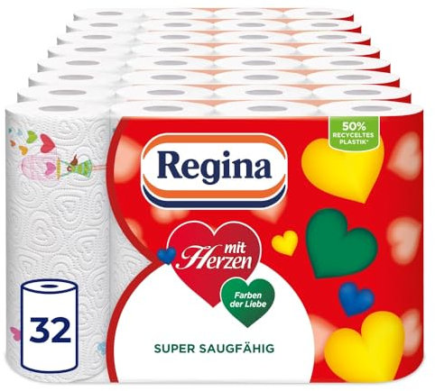 Regina mit Herzen Haushaltstücher 3-lagig, 32 Rollen-Packung (8 x 4 Einzelpackungen), 43 Blatt pro Rolle, Super saugfähig, Dick, Beständig, SC®-zertifiziertes Papier