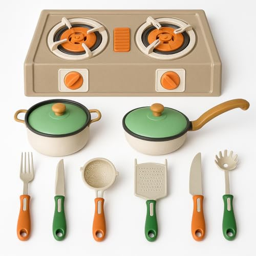 koolbitz 11 PCs Kids Kitchen Play Set, Pretend Play Stove, Pots, Pans, Utensils Cooking Set, Educational Role Play Kitchen Accessories Gift Toy for Children Ages 3+