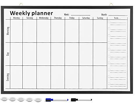 Navaris Pizarra magnética de notas - Planificador magnético semanal mensual de 91 x 61 cm - Tablero de pared con 5x imanes y 2x marcadores - Blanco