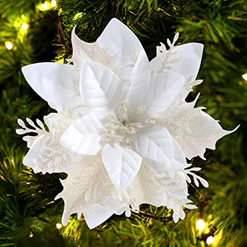 FurRain - Flores Artificiales de Pascua de 14 cm, para decoración de árbol de Navidad, Coronas y guirnaldas, 12 Flores con Purpurina para adornar en Navidad, Año Nuevo, Bodas y Fiestas (Blanco)