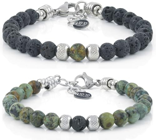 10:10 Bracciali Coppia Lui e Lei con Pietre Naturali da 6 mm Turchese Africano e Pietra Lavica. Braccialetto Regolabile, Resistente. Made In Italy (Lava-Turchese Africano)