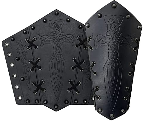 Thajaling 2Pcs Bracelets Viking pour Homme, Gantelets Médiévaux en Faux Cuir, Vambrace Rétro, Garde Bras de Tir à l'Arc pour LARP, Cosplay (Noir)