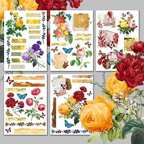Decoupage Paper Pack (15 Sheets 8x11) Roses and Vintage Papers HANATABA Vintage Art Deco Styled Ephemera Pictures for Decoupage Craft and Scrapbooking