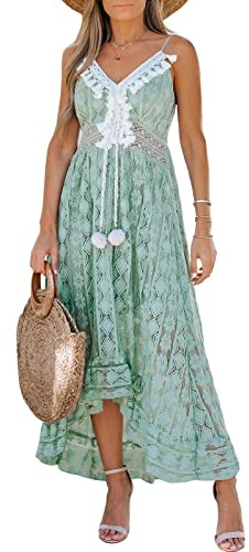 CUPSHE Robe d'été pour Femme Boho Maxi à Lacets avec Pompon col en V évasé à Volants Robes de Plage Vert Menthe XL