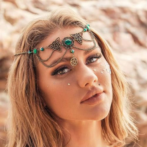 Yean Vintage Head Chain Grün Kristall Headpiece Halloween Haar Zubehör für Frauen