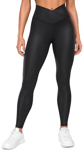 CRZ YOGA Womens Butterluxe Cross Waist 28'' Workout Leggings - V Cross High Waisted Yoga Pants Soft Gym Leggins Faux Leather Black 10