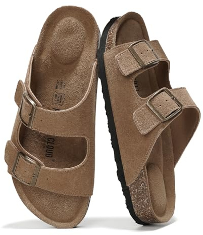 Project Cloud 100% Genuine Leather Flat Sandals For Women 2026 Cork Footbed Womens Sandals with Memory Foam and arch support Vacation Essentials Slides for Women Footwear (Venita, Chestnut, 6.5)