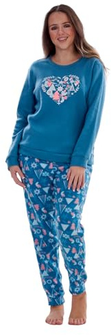 ChicWhisper Pigiama da donna in pile super morbido a quadri, caldo orsacchiotto, Cuori turchesi, L