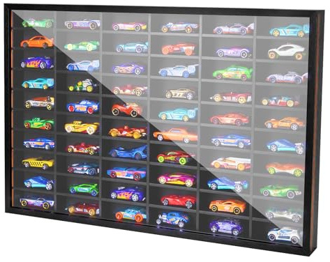 FIGURESLAB Model Car Collectors Showcase, 1/64 Scale Diecast Matchbox Wheels Car Display Frame Case with 60 Compartments, Wooden Dustproof Cabinet Box for Collectibles, Black, 16.27 X 24.09 X 1.95