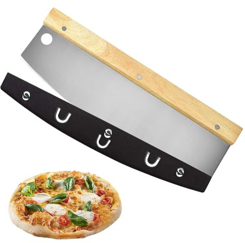 Coltello per Tritare, Tagliapizza, Tagliapizza in Acciaio inox con Protezione Lama, Manico Ergonomico in Legno,Ideale per Tagliare al Meglio la tua pizza Preferita, 35 x 11 cm