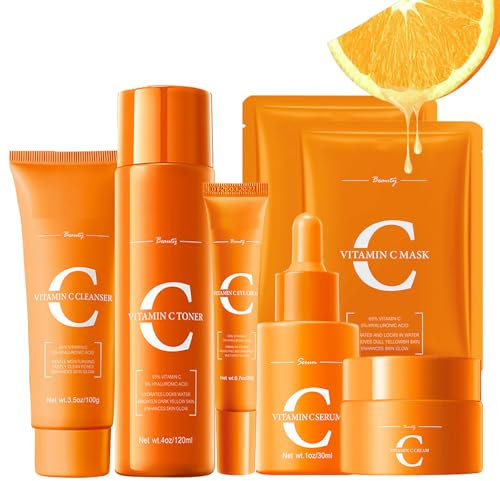 Vitamin C Hautpflege Set, Teenager Mädchen und Frauen Gesichtspflege Set, Feuchtigkeit Skincare Set für Gesichts, Anti-Falten Geschenkset mit Cleanser Toner Augencreme Gesichtsmask Serum Creme