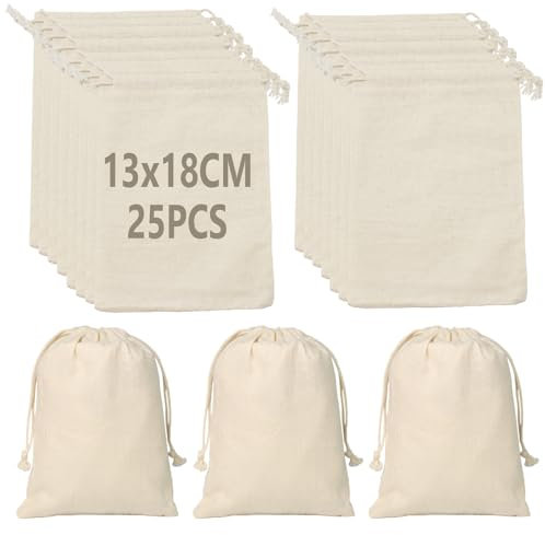 Coriver Bolsas de Algodón, Bolsas de Regalo con Cordón, Reutilizables Muselina Saquitos de Tela para Rellenar,Bolsas de Regalo para Joyería Envoltura Fiesta Bodas Navidad (Beige, 13 x 18 cm / 25pcs)