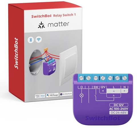SwitchBot Relais interrupteur 1, Module de relais interrupteur avec Répéteur Bluetooth, Interrupteur Wi-Fi&Bluetooth Fonctionnant avec Alexa/Apple Homekit/Google Home, 2.4GHz 16A, 2Pack