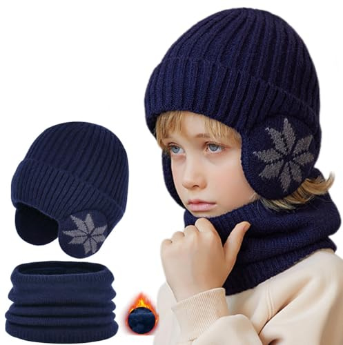 iNszkoos Juego de 2 gorros de punto de invierno con orejeras para niños de 4 a 10 años, forro polar cálido para invierno, conjunto de gorro de invierno para niños y niñas de 4 a 10 años, azul oscuro,