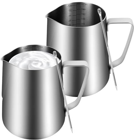Lot de 2 pichets à mousseur à lait de 900 ml - En acier inoxydable - Avec stylo décoratif - Pour café au lait, cappuccino, latte art barista