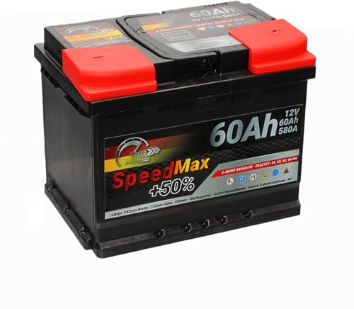 SpeedMax Batterie Auto 60 Ah 580A L2 Puissance Maximale, Longue Durée, de tailles allant de L0 à L6 et également pour véhicules utilitaires et camions