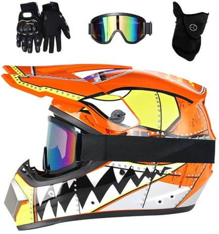 Gioventù Bambini Casco da Motocross, con Occhiali Guanti Maschera, Unisex Integrale Fuori Strada Strada Corsa Moto Caschi, Discesa Enduro BMX MTB ATV Quad Dirt Bikes Casco(Orange,XL/58-59CM)