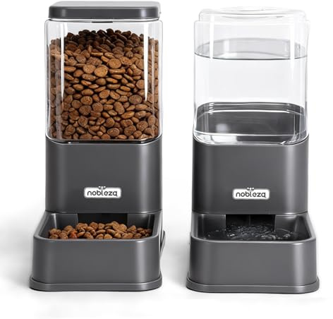 Nobleza Automatic Dog Feeder Set, 3.8L Water and Food Dispenser, Dark Grey | Automatic Cat Pet Water Dispenser Pet Feeder for Small Medium Dogs, Puppy and Cats, 2 Packs